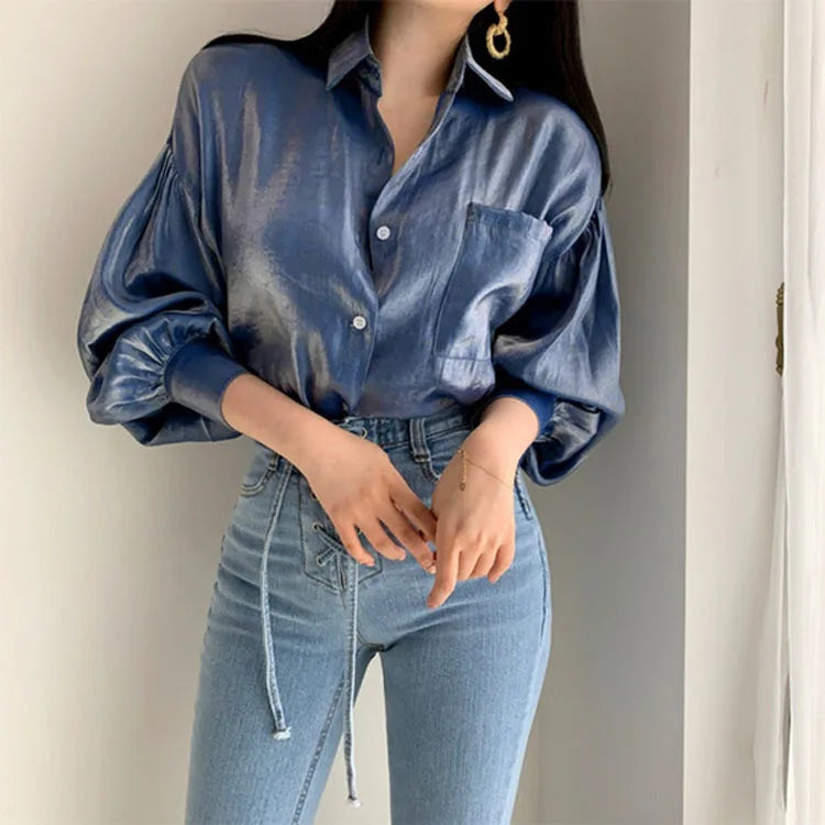 Gradient Color Shirts Womens 2022 Fashion Bright Blouse Female Elegant Lapel Button Blusa Casual Puff Sleeve Top Oversize