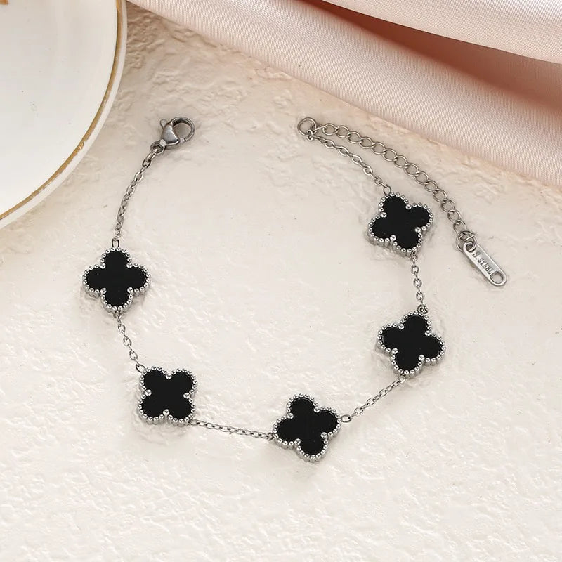 Fashion 18k Gold Plated Stainless Steel Jewelry Women Lucky Ladies Four Leaf Clover Rhinestone Bracelets Bangles
