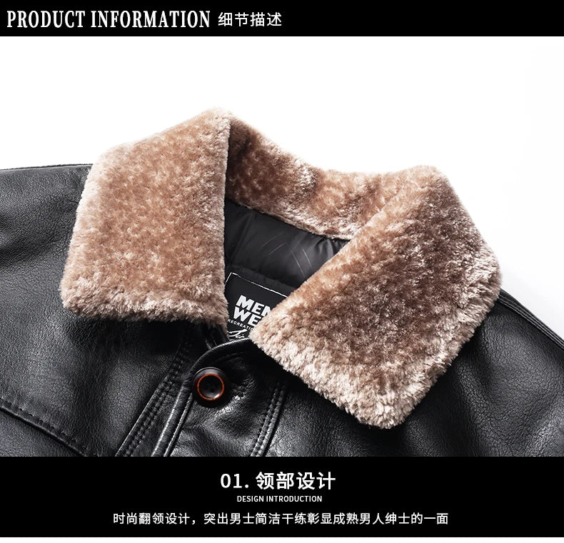 YX-838 Natural Leather Men's Autumn and Winter Sheepskin Casual Lapel Mid Length Business Leather Down Jacket Plus Size