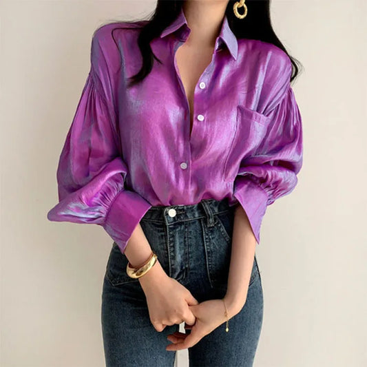 Gradient Color Shirts Womens 2022 Fashion Bright Blouse Female Elegant Lapel Button Blusa Casual Puff Sleeve Top Oversize