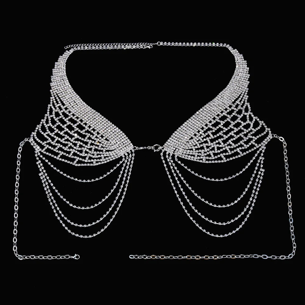 Stonefans Tassel Underwear Rhinestone Bra Chain Harness for Women Sexy Fashion Crystal Bikini Bra and Thong Sets Body Jewelry