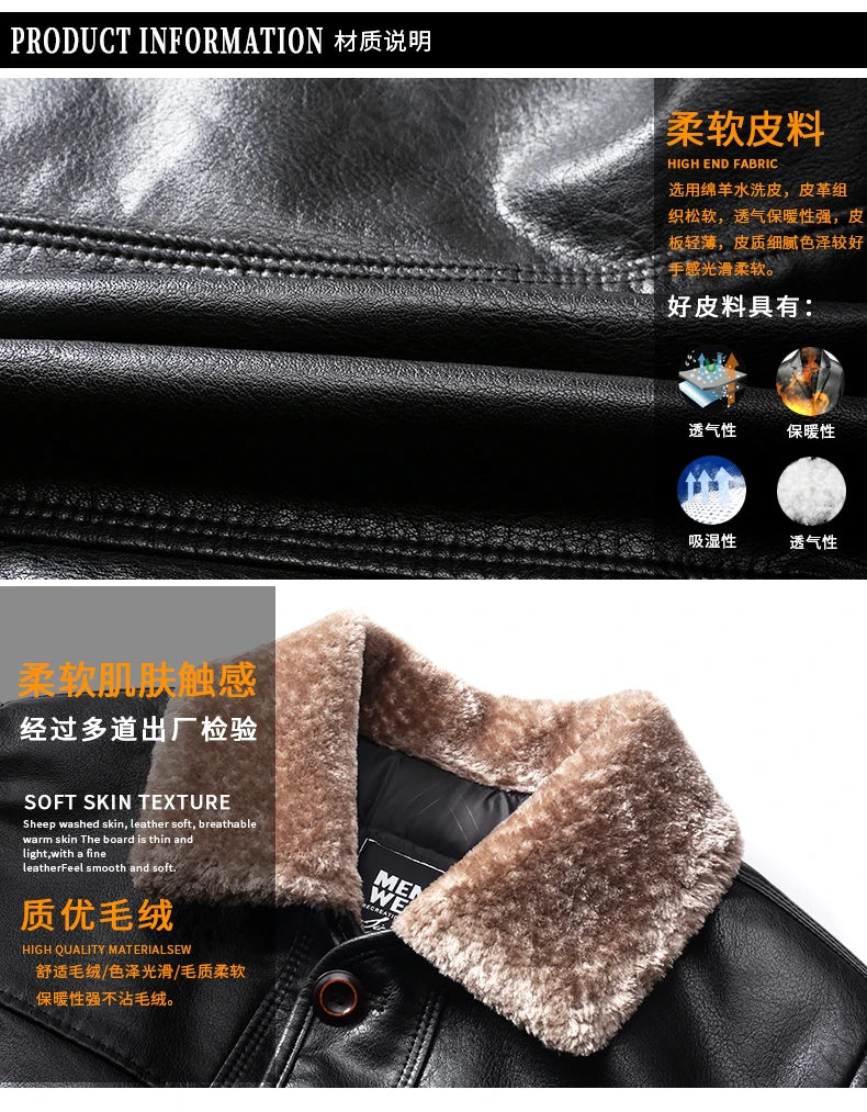 YX-838 Natural Leather Men's Autumn and Winter Sheepskin Casual Lapel Mid Length Business Leather Down Jacket Plus Size