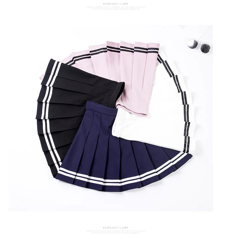 High‑Waist Elastic Patchwork Striped Pleated Mini Skirt