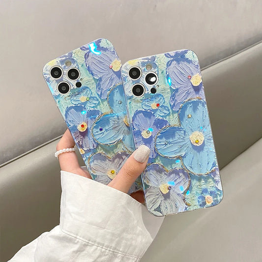 Luxury Fashion Retro Flowers Laser Phone Case For iPhone 11 12 13 14 15 16 Pro MAX X XS XR 7 8 Plus SE Soft Shockproof Cover