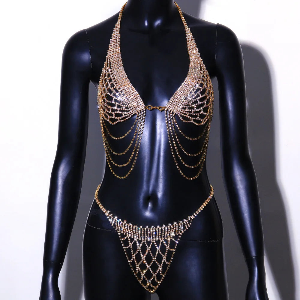 Stonefans Tassel Underwear Rhinestone Bra Chain Harness for Women Sexy Fashion Crystal Bikini Bra and Thong Sets Body Jewelry