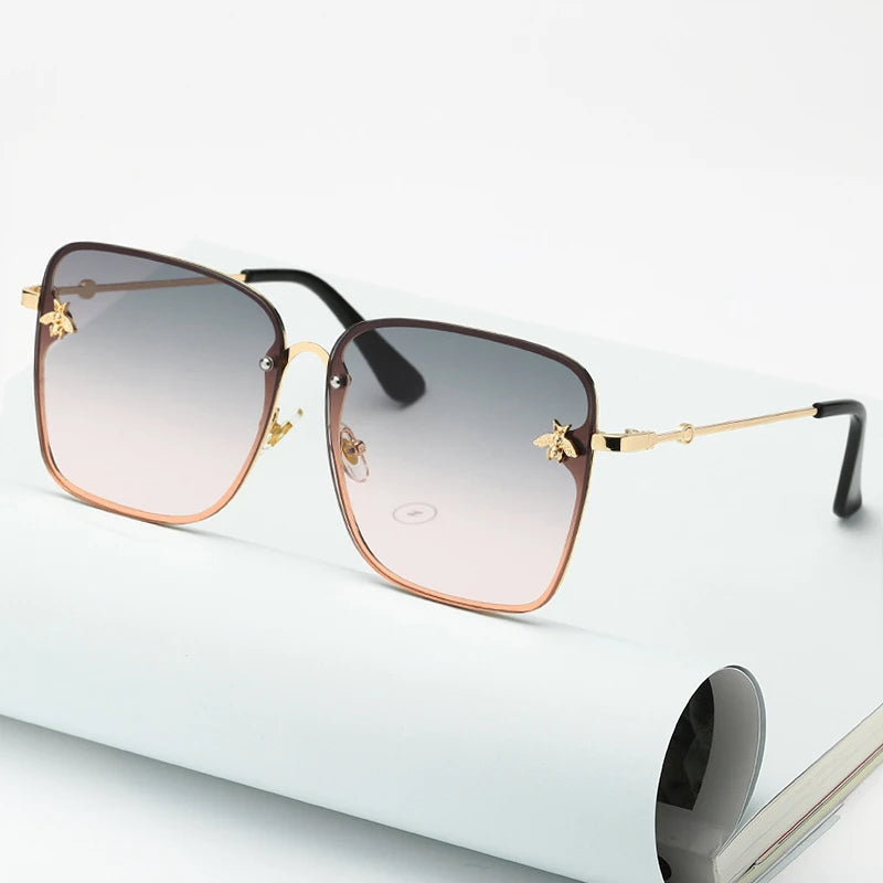 New Fashion Lady Oversize Rimless Square Bee Sunglasses Women Men Small Glasses Gradient Sun Glasses Female UV400