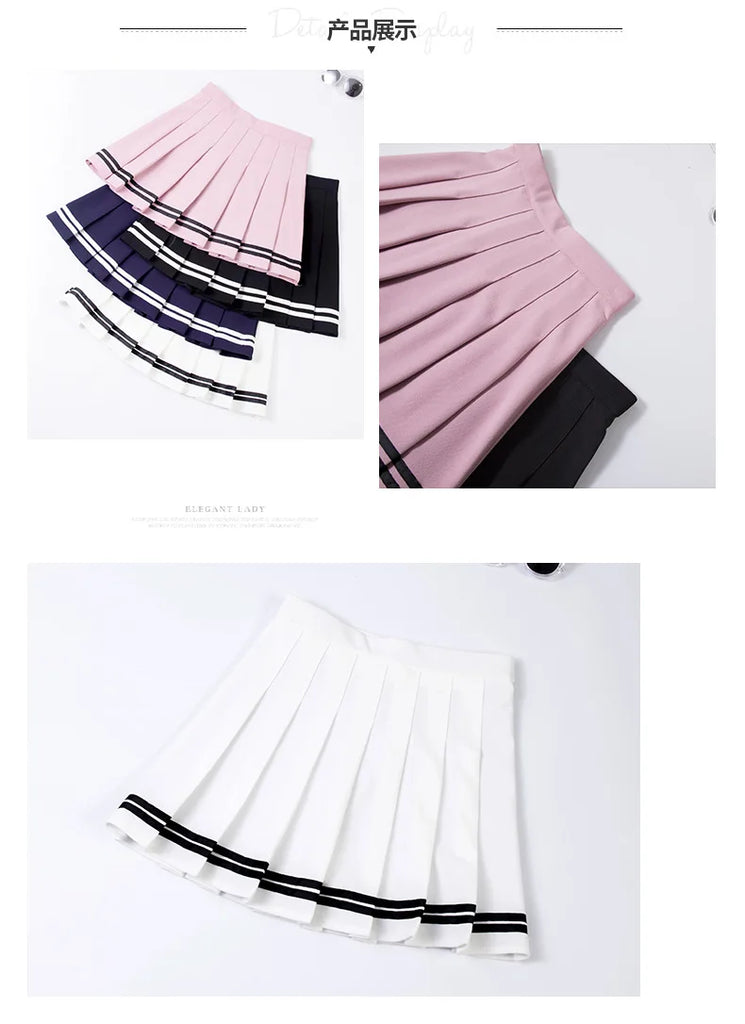 High‑Waist Elastic Patchwork Striped Pleated Mini Skirt
