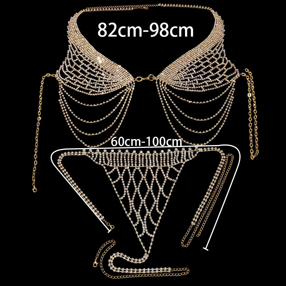 Stonefans Tassel Underwear Rhinestone Bra Chain Harness for Women Sexy Fashion Crystal Bikini Bra and Thong Sets Body Jewelry