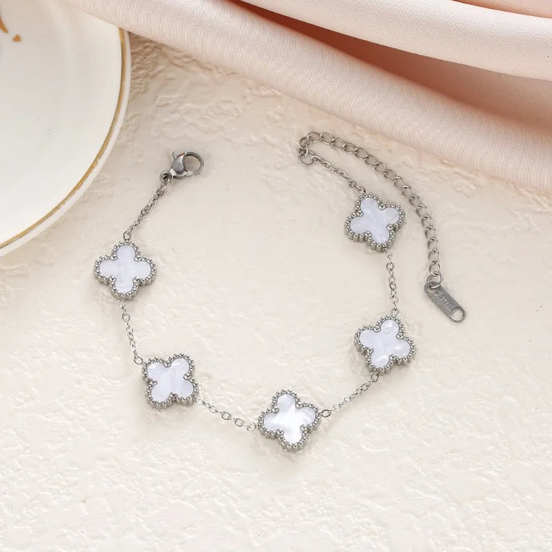 Fashion 18k Gold Plated Stainless Steel Jewelry Women Lucky Ladies Four Leaf Clover Rhinestone Bracelets Bangles