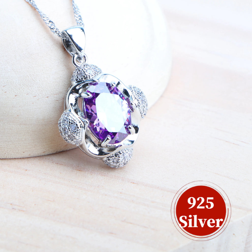 Purple 925 Silver Jewelry Sets For Women Bridal  Fine Costume Jewelry Wedding CZ Earrings Rings Bracelets Pendant Necklace Set