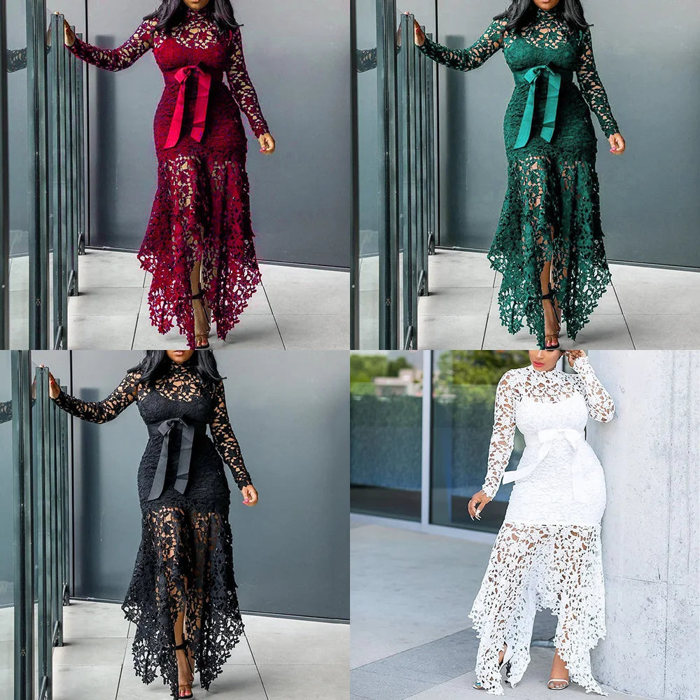 Customized Vintage Party Sexy Black Lace Long Dress Plus Big Size Large M-XXXL 4XL Women Mesh Hollow Bodycon Blue African Maxi D
