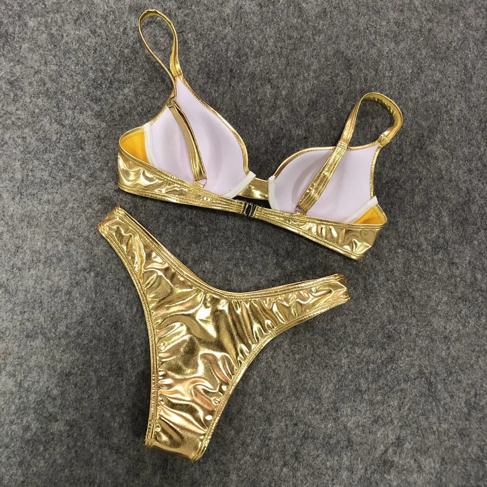 Sexy Metallic Brazilian Bikini Push Up Silver Golden Swimsuit Female Bathers Bandage Swimwear Women 2021 Summer Bathing Suit