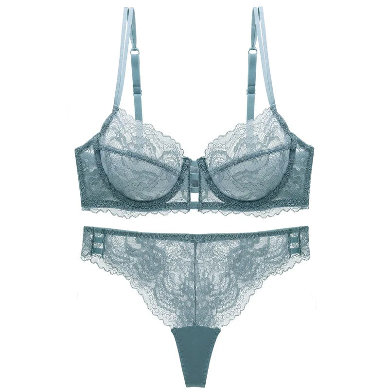 Sexy Ultrathin Transparent Lace Bra and Thong Set Underwear with Push Up Women French Lingerie Unlined B C D Cup 2021 New