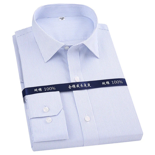 Men's Classic Long Sleeve Striped Dress Shirt Non Iron Regular Formal Business Social Button-up Easy Care Luxury Cotton Shirts
