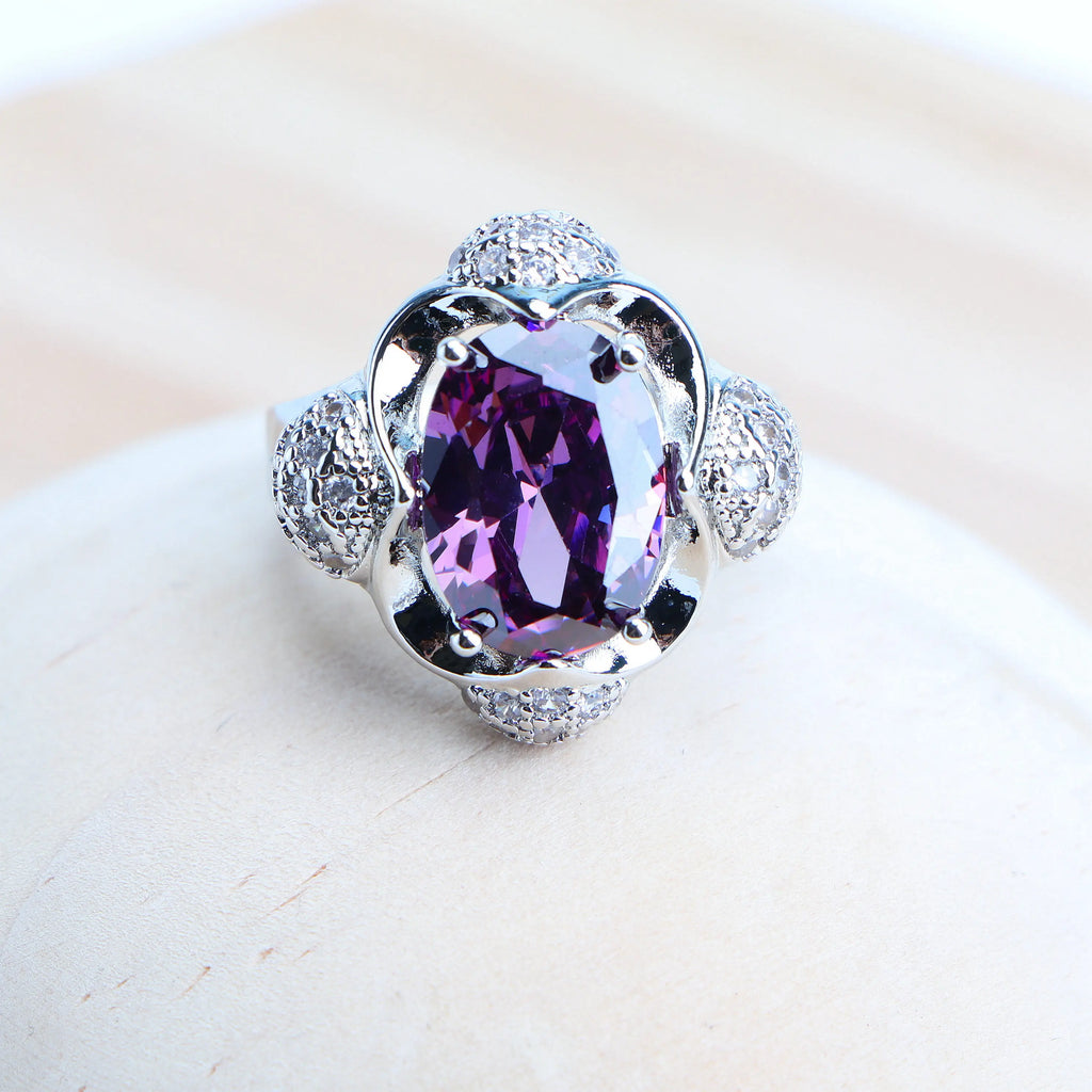 Purple 925 Silver Jewelry Sets For Women Bridal  Fine Costume Jewelry Wedding CZ Earrings Rings Bracelets Pendant Necklace Set