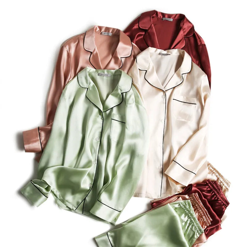 SuyaDream Women Silk Pajamas Solid 100%Real Silk Long sleeves Sleepset Set 2022 Turn Down Collar Print Two-piece Nightwear