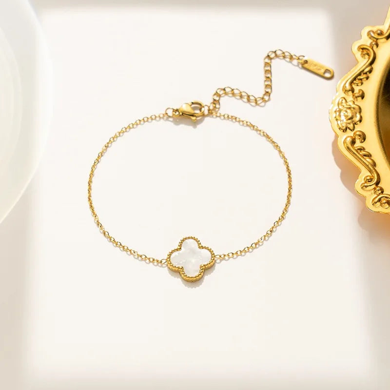 Fashion 18k Gold Plated Stainless Steel Jewelry Women Lucky Ladies Four Leaf Clover Rhinestone Bracelets Bangles