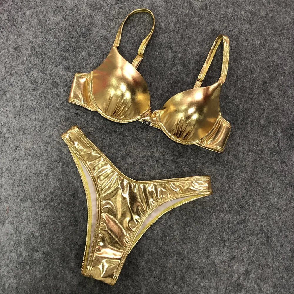 Sexy Metallic Brazilian Bikini Push Up Silver Golden Swimsuit Female Bathers Bandage Swimwear Women 2021 Summer Bathing Suit