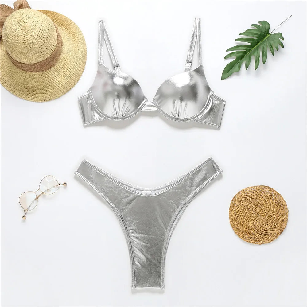 Sexy Metallic Brazilian Bikini Push Up Silver Golden Swimsuit Female Bathers Bandage Swimwear Women 2021 Summer Bathing Suit