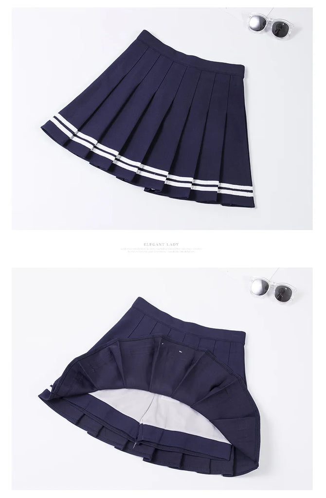 High‑Waist Elastic Patchwork Striped Pleated Mini Skirt