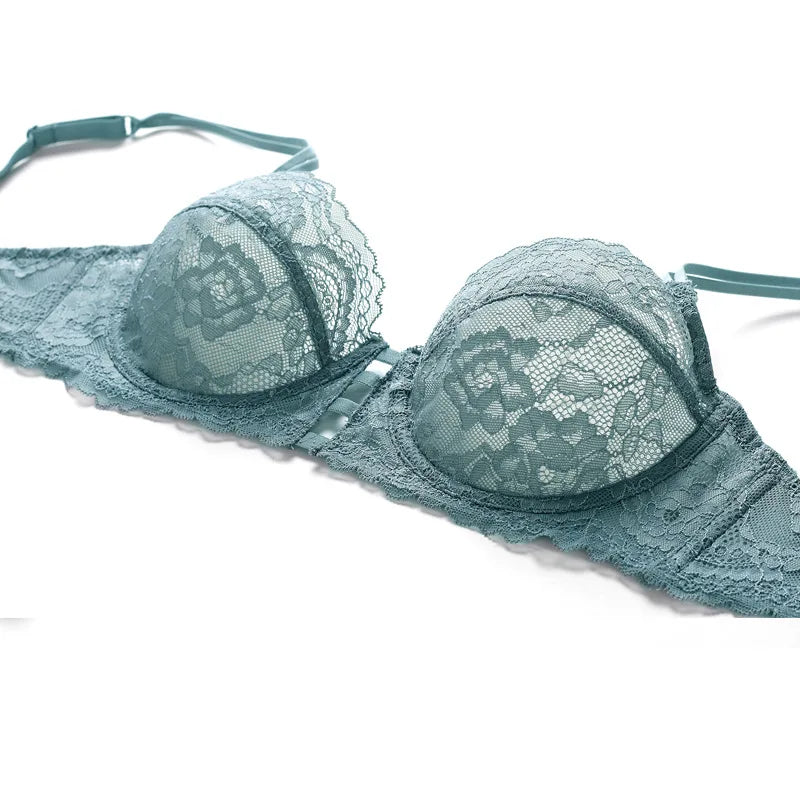 Sexy Ultrathin Transparent Lace Bra and Thong Set Underwear with Push Up Women French Lingerie Unlined B C D Cup 2021 New