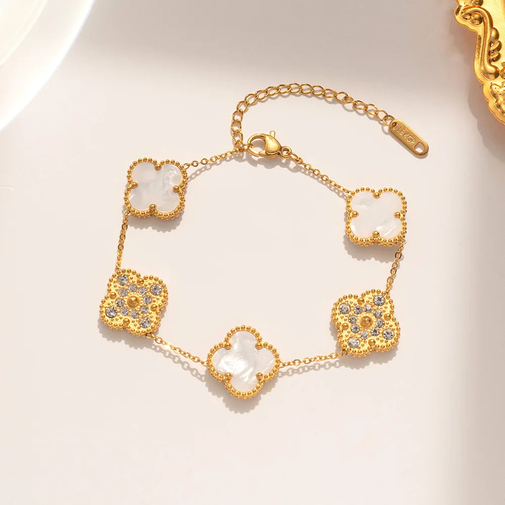 Fashion 18k Gold Plated Stainless Steel Jewelry Women Lucky Ladies Four Leaf Clover Rhinestone Bracelets Bangles