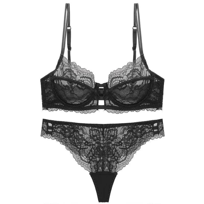 Sexy Ultrathin Transparent Lace Bra and Thong Set Underwear with Push Up Women French Lingerie Unlined B C D Cup 2021 New