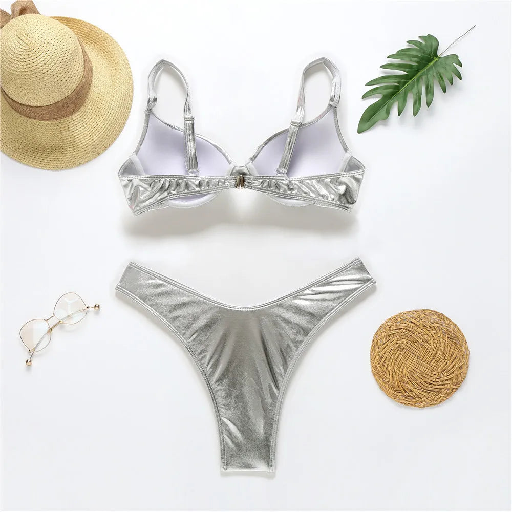 Sexy Metallic Brazilian Bikini Push Up Silver Golden Swimsuit Female Bathers Bandage Swimwear Women 2021 Summer Bathing Suit