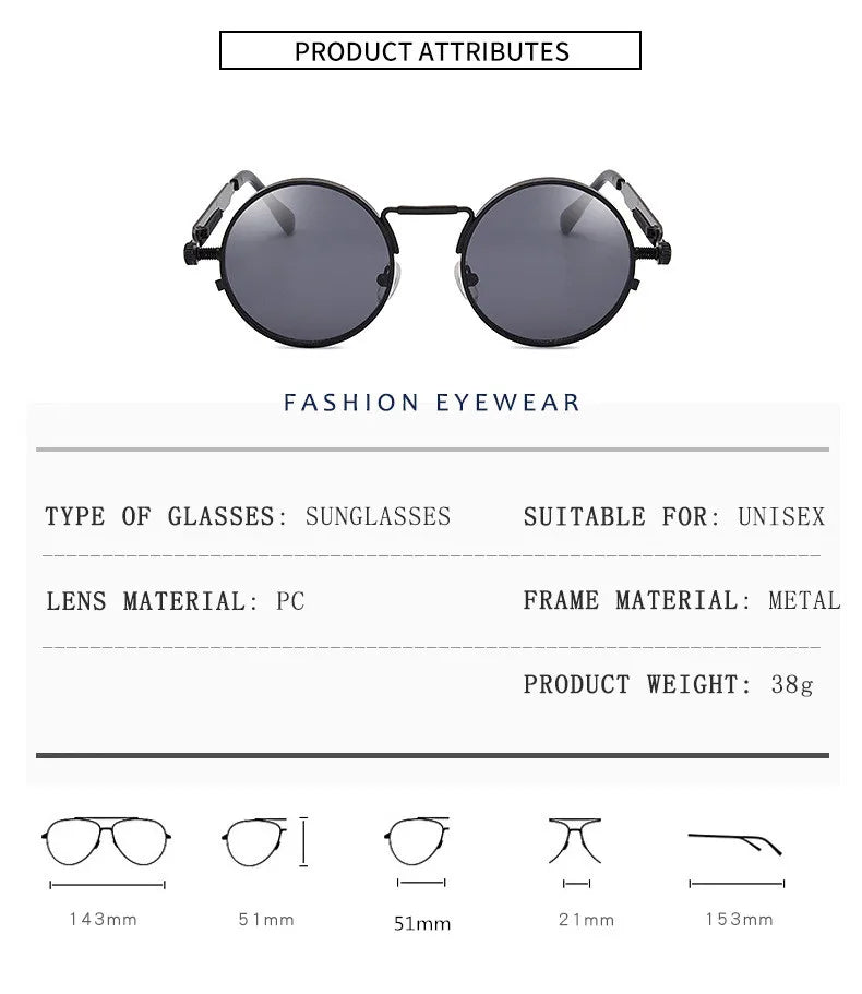 Metal Steampunk Sunglasses Men Women Fashion Round Glasses Brand Design Vintage Sunglasses High Quality UV400 Eyewear