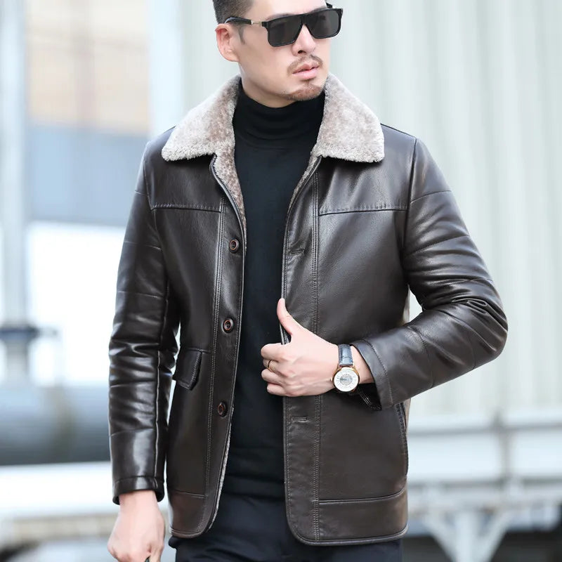 YX-838 Natural Leather Men's Autumn and Winter Sheepskin Casual Lapel Mid Length Business Leather Down Jacket Plus Size