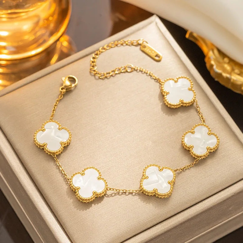 Fashion 18k Gold Plated Stainless Steel Jewelry Women Lucky Ladies Four Leaf Clover Rhinestone Bracelets Bangles