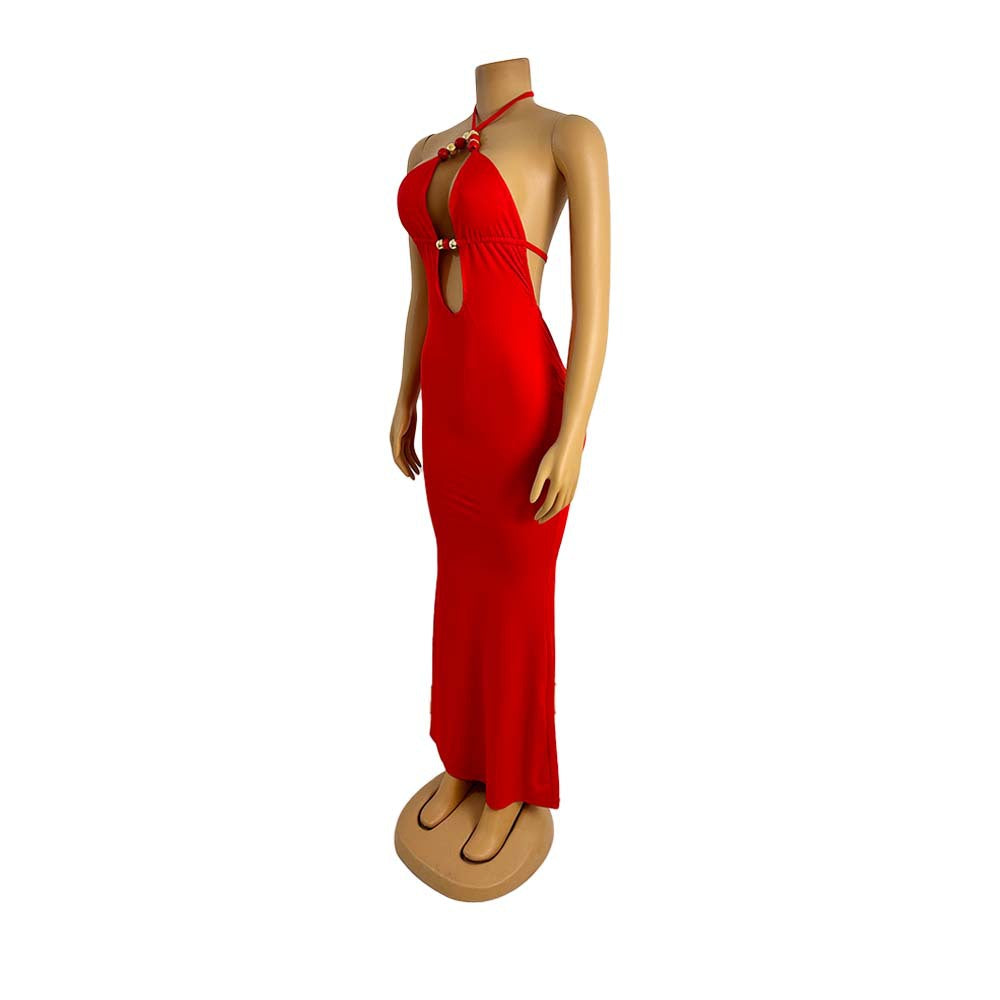 CM.YAYA Women Sleeveless Deep V-neck Halter Long Maxi Dress Summer Backless Beach Sexy Street Evening Night Club Party Dresses