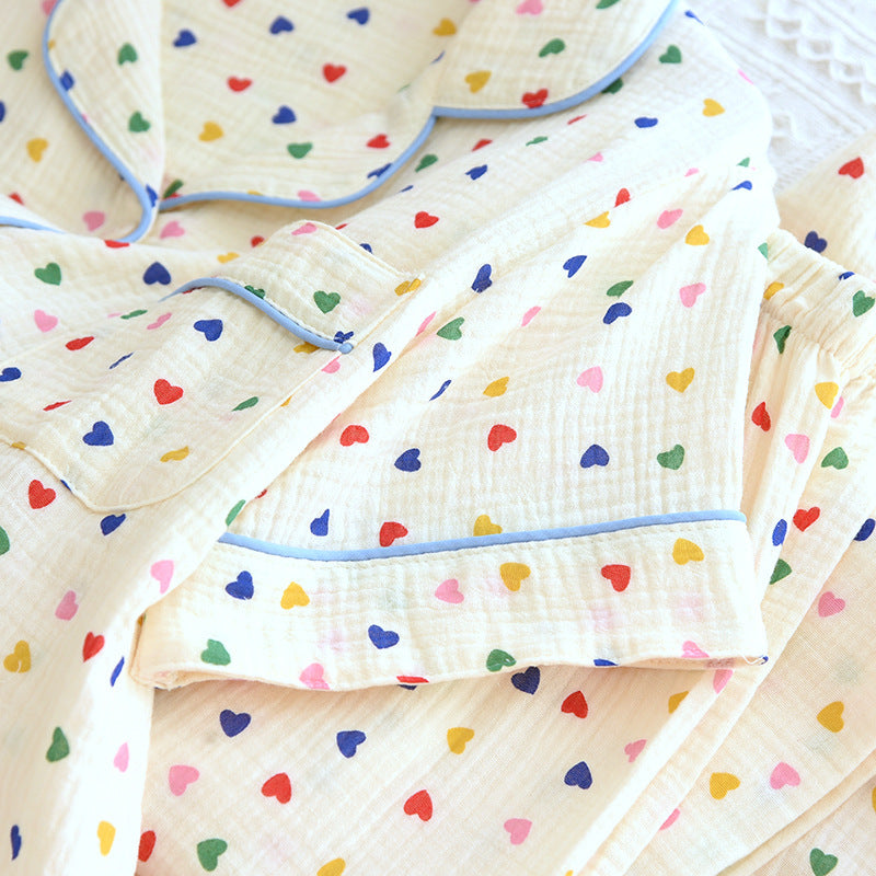 2024 Japanese Spring/Summer New Women's Pajama Set 100% Cotton Crepe Long Sleeve Colorful Hearts Thin Home Cute Pajamas Ladies