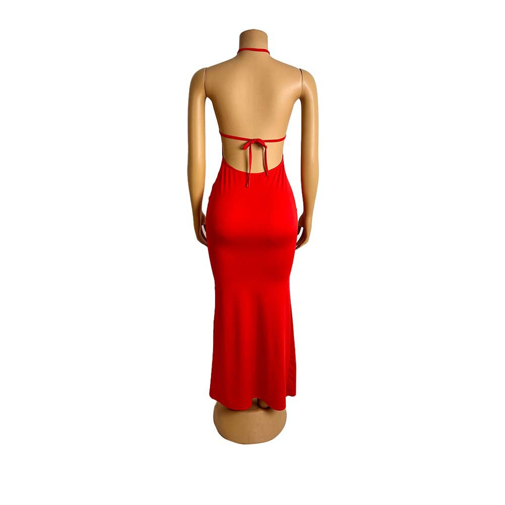 CM.YAYA Women Sleeveless Deep V-neck Halter Long Maxi Dress Summer Backless Beach Sexy Street Evening Night Club Party Dresses