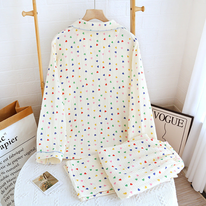 2024 Japanese Spring/Summer New Women's Pajama Set 100% Cotton Crepe Long Sleeve Colorful Hearts Thin Home Cute Pajamas Ladies
