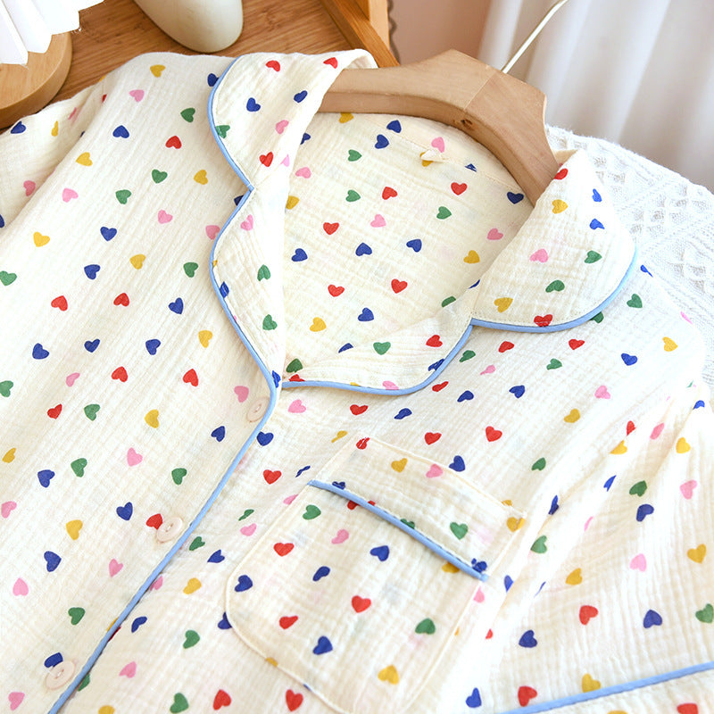 2024 Japanese Spring/Summer New Women's Pajama Set 100% Cotton Crepe Long Sleeve Colorful Hearts Thin Home Cute Pajamas Ladies