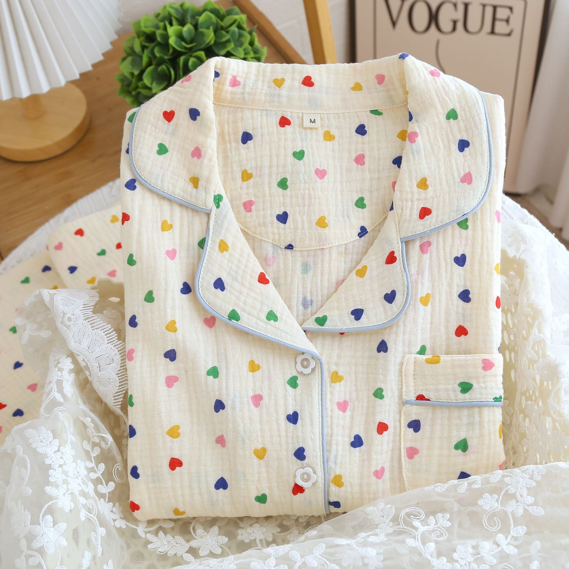 2024 Japanese Spring/Summer New Women's Pajama Set 100% Cotton Crepe Long Sleeve Colorful Hearts Thin Home Cute Pajamas Ladies