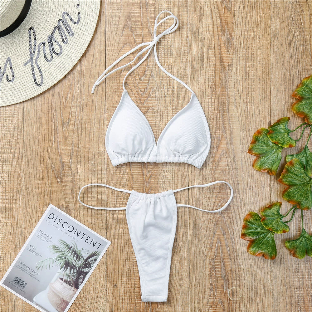 Fashion Classic Look Bikini Pure Color Separates Swimsuit Open Back T-Back Sexy Swimsuit Yacht Sexy Swimsuit