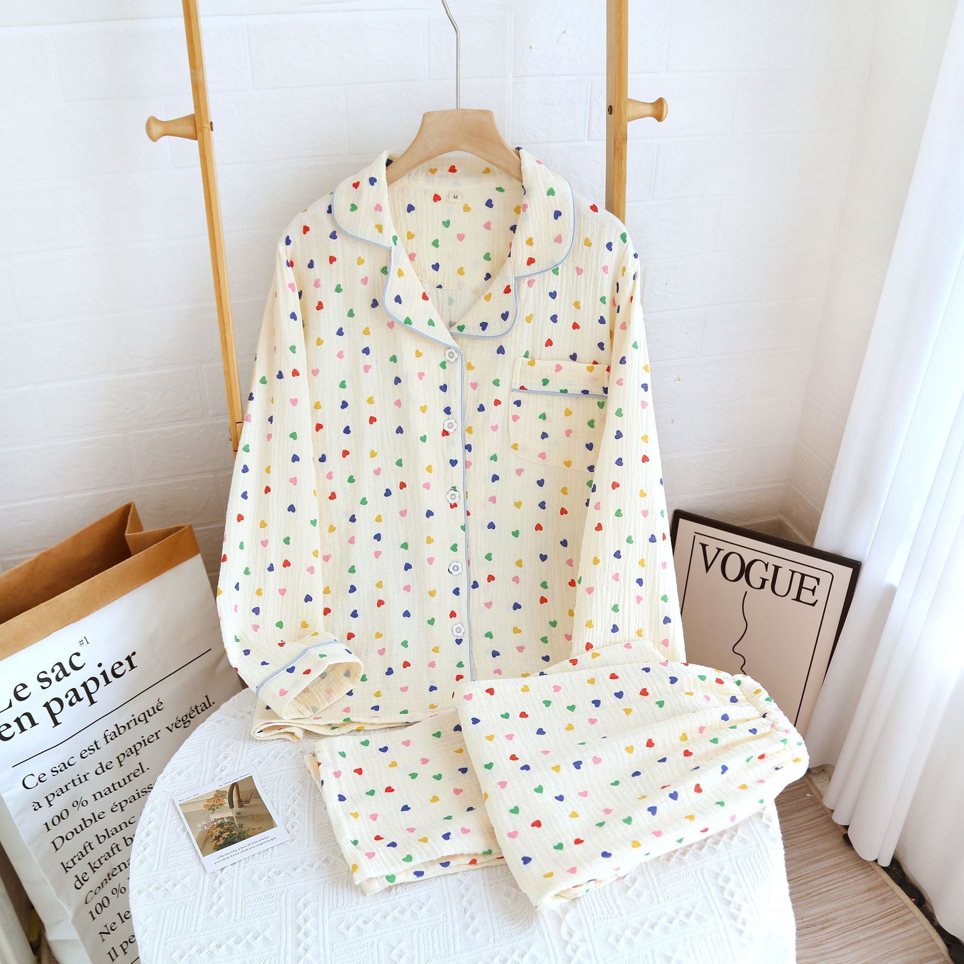 2024 Japanese Spring/Summer New Women's Pajama Set 100% Cotton Crepe Long Sleeve Colorful Hearts Thin Home Cute Pajamas Ladies