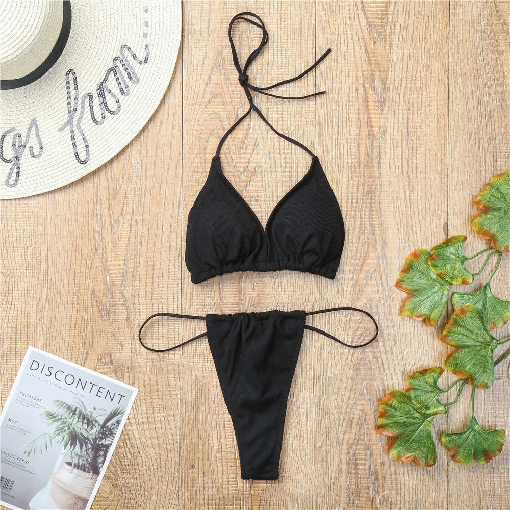 Fashion Classic Look Bikini Pure Color Separates Swimsuit Open Back T-Back Sexy Swimsuit Yacht Sexy Swimsuit