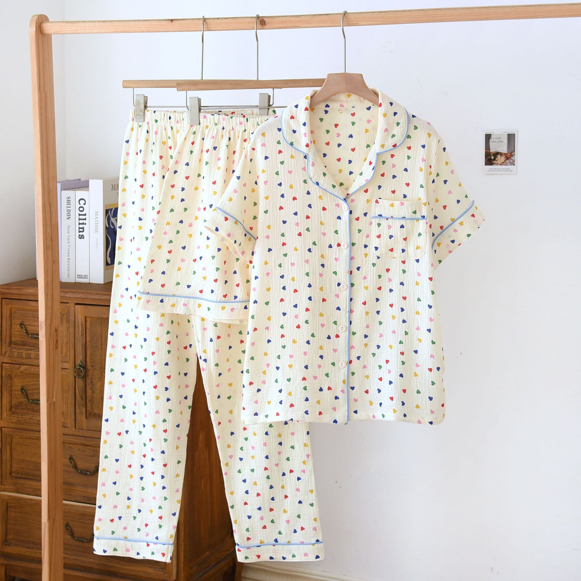 2024 Japanese Spring/Summer New Women's Pajama Set 100% Cotton Crepe Long Sleeve Colorful Hearts Thin Home Cute Pajamas Ladies