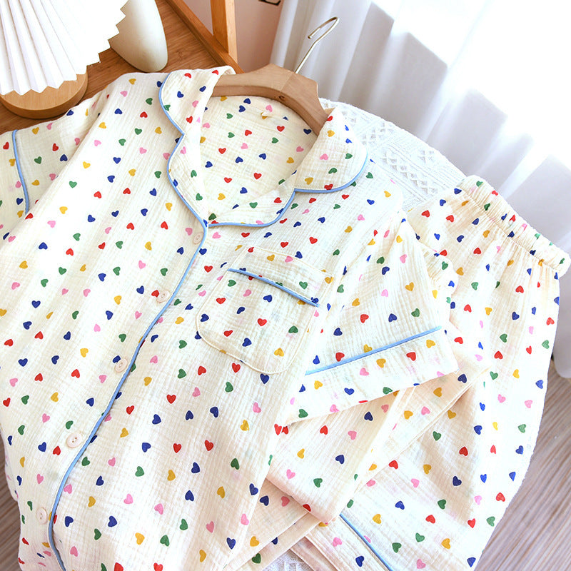 2024 Japanese Spring/Summer New Women's Pajama Set 100% Cotton Crepe Long Sleeve Colorful Hearts Thin Home Cute Pajamas Ladies