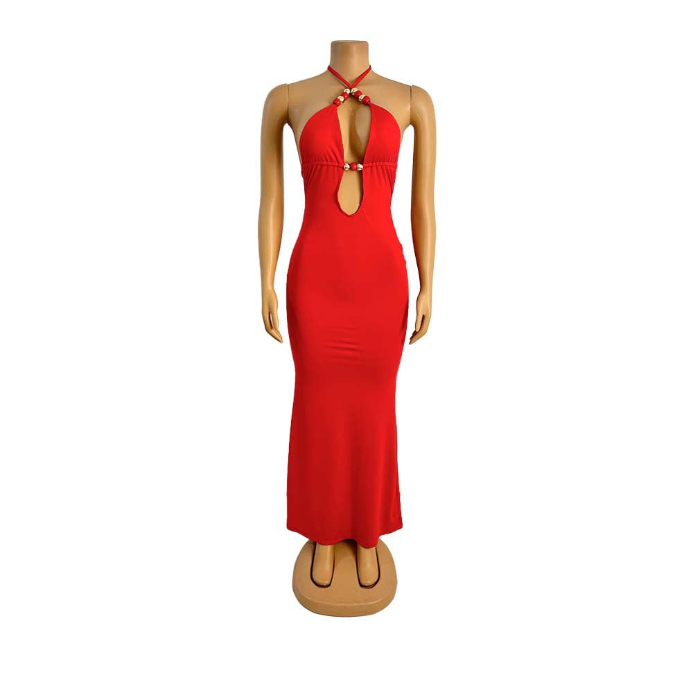 CM.YAYA Women Sleeveless Deep V-neck Halter Long Maxi Dress Summer Backless Beach Sexy Street Evening Night Club Party Dresses