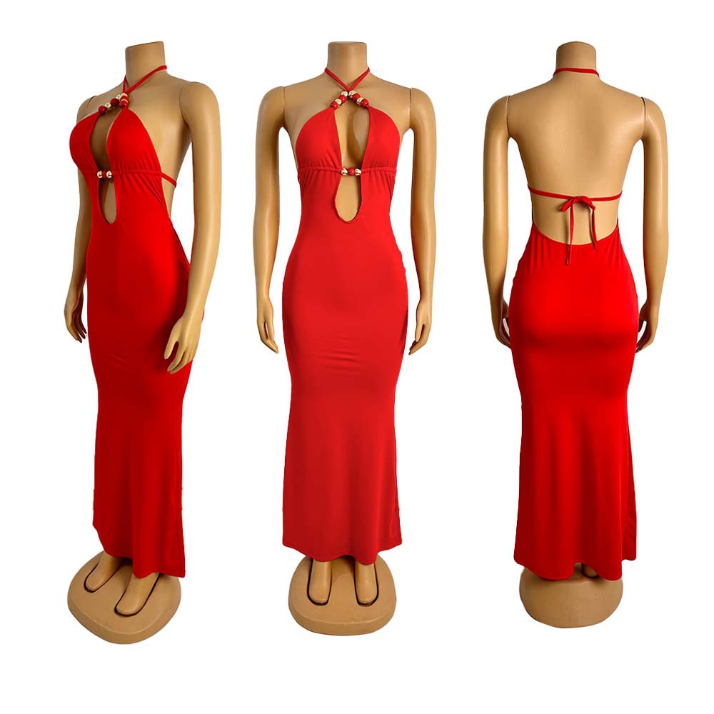 CM.YAYA Women Sleeveless Deep V-neck Halter Long Maxi Dress Summer Backless Beach Sexy Street Evening Night Club Party Dresses