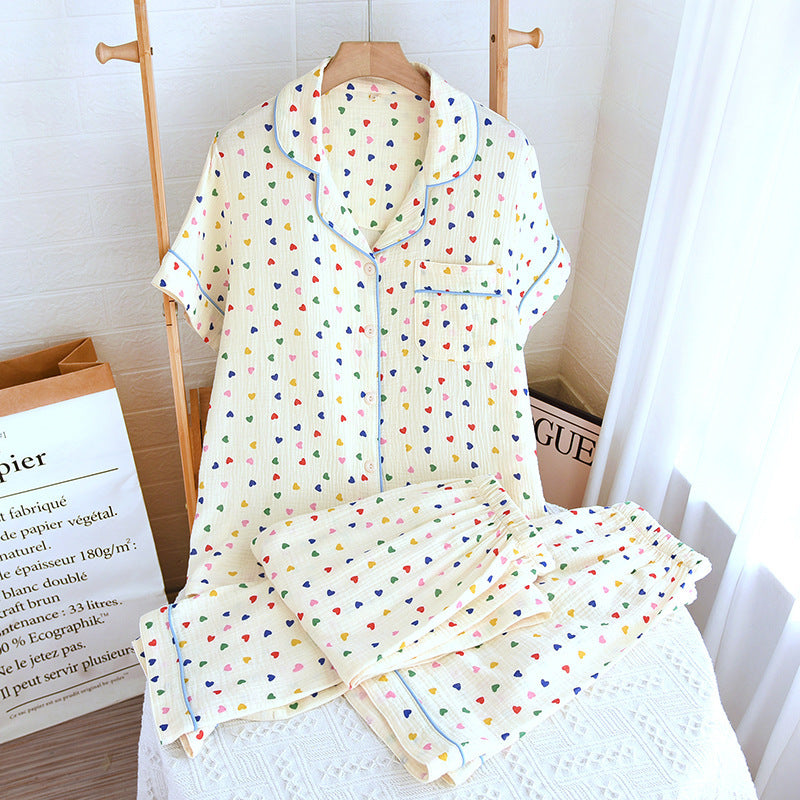2024 Japanese Spring/Summer New Women's Pajama Set 100% Cotton Crepe Long Sleeve Colorful Hearts Thin Home Cute Pajamas Ladies