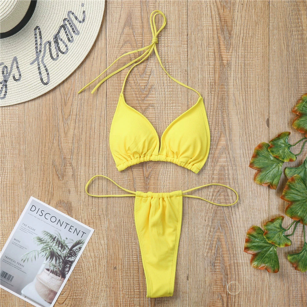 Fashion Classic Look Bikini Pure Color Separates Swimsuit Open Back T-Back Sexy Swimsuit Yacht Sexy Swimsuit