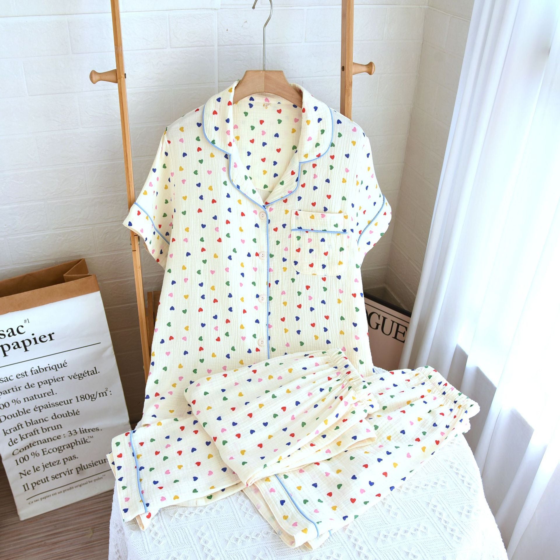2024 Japanese Spring/Summer New Women's Pajama Set 100% Cotton Crepe Long Sleeve Colorful Hearts Thin Home Cute Pajamas Ladies