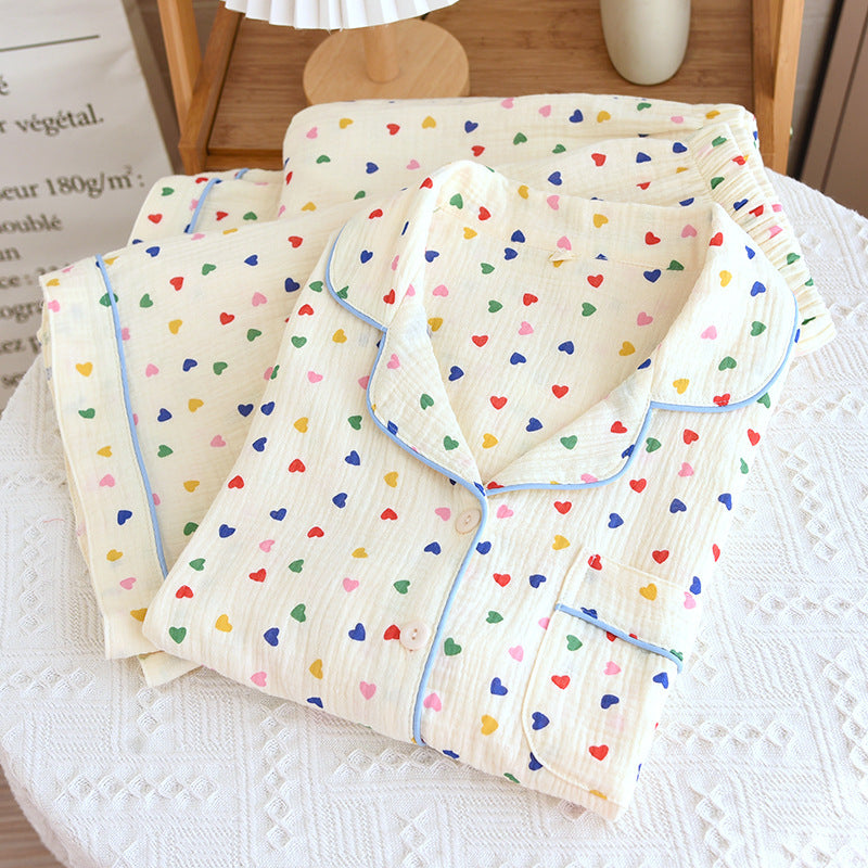 2024 Japanese Spring/Summer New Women's Pajama Set 100% Cotton Crepe Long Sleeve Colorful Hearts Thin Home Cute Pajamas Ladies