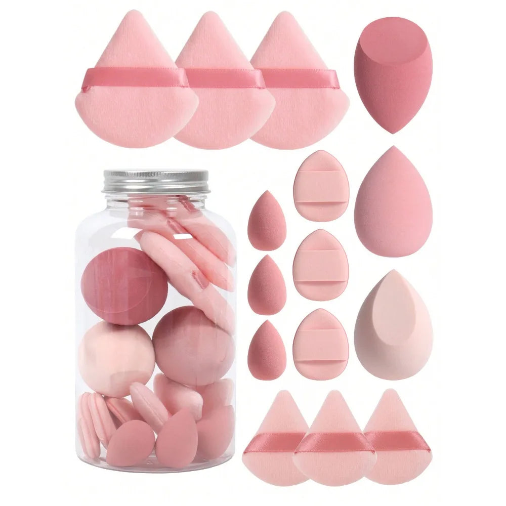 15pcs Makeup Sponge Set with Storage Jar – Powder Puff, Mini Finger Puff & Triangle Air Cushion Blenders