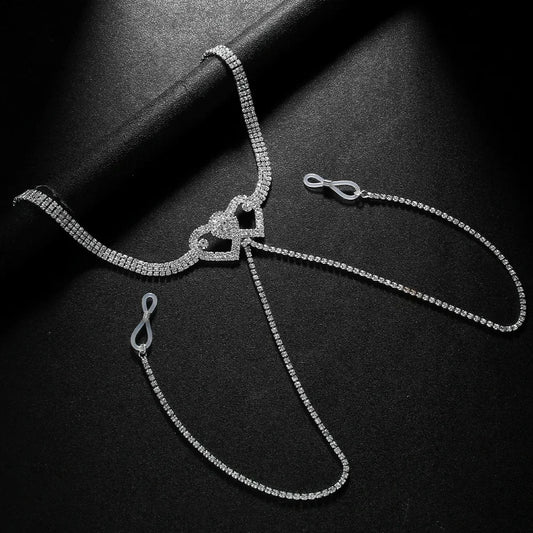 Sexy Double Heart Nipple Chain Necklace for Women Bikini Lingerie Festival Clothing Rhinestone Chest Chain Nightclub Jewelry